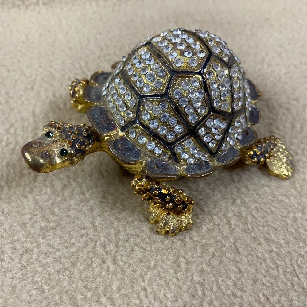 Sparkling Crystal Turtle Jewelry Trinket Box Hinged Gold Tone Enamel Gem Eye New